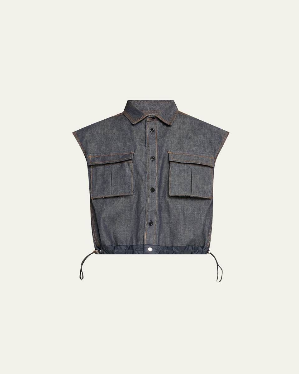 Denim Mix Pleated Back Drawcord Shirt